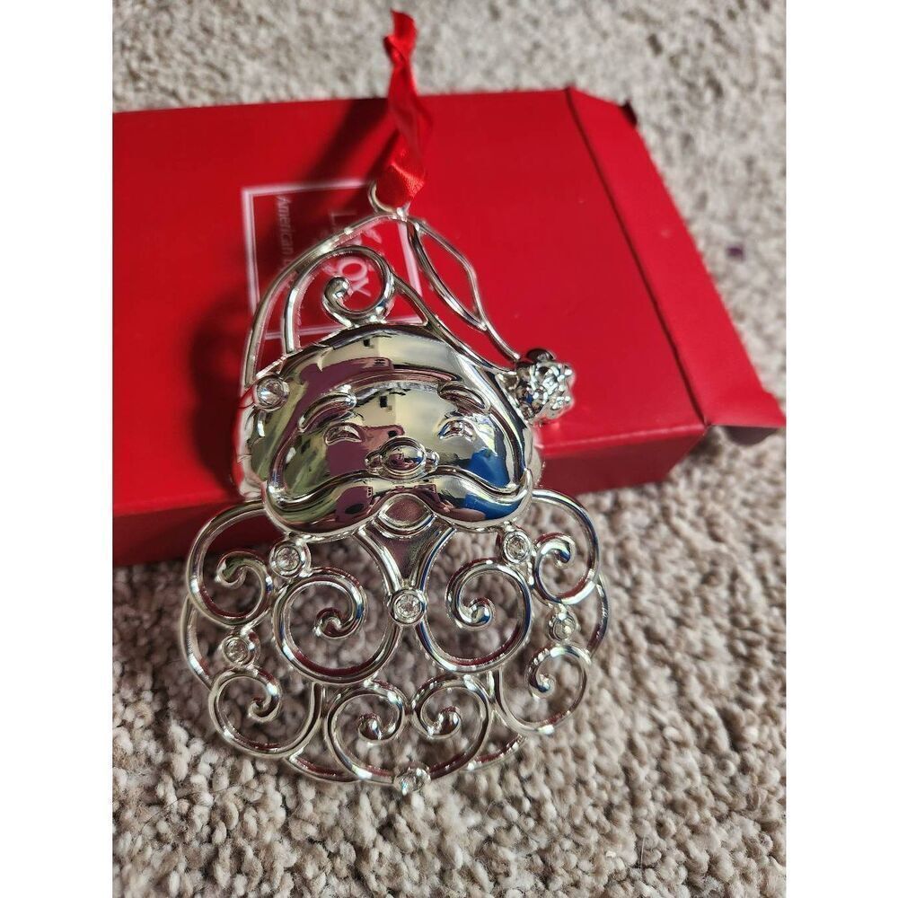 Lenox Sparkle and Scroll Clear Crystal Santa Ornament Silverplate